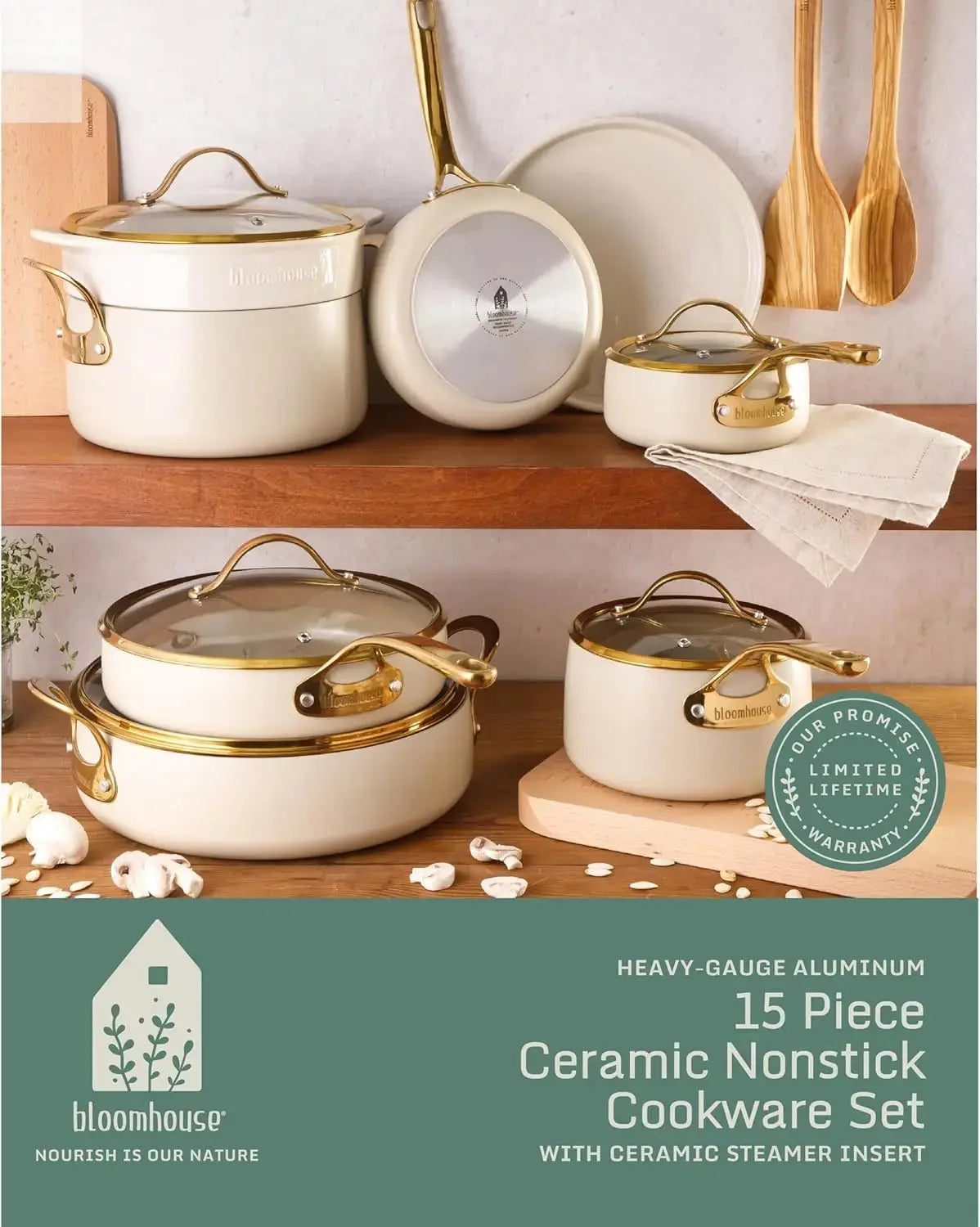15 Piece Pots and Pans Heavy Duty Aluminum Premium PFA Free Ceramic Nonstick Dutch Oven Pot with Lid - Almond Cream w/Gold Handl Allen Cozy Haven Store