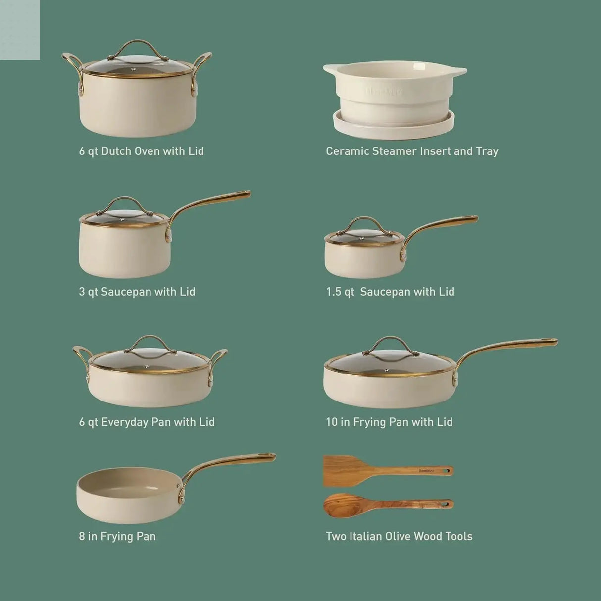 15 Piece Pots and Pans Heavy Duty Aluminum Premium PFA Free Ceramic Nonstick Dutch Oven Pot with Lid - Almond Cream w/Gold Handl Allen Cozy Haven Store