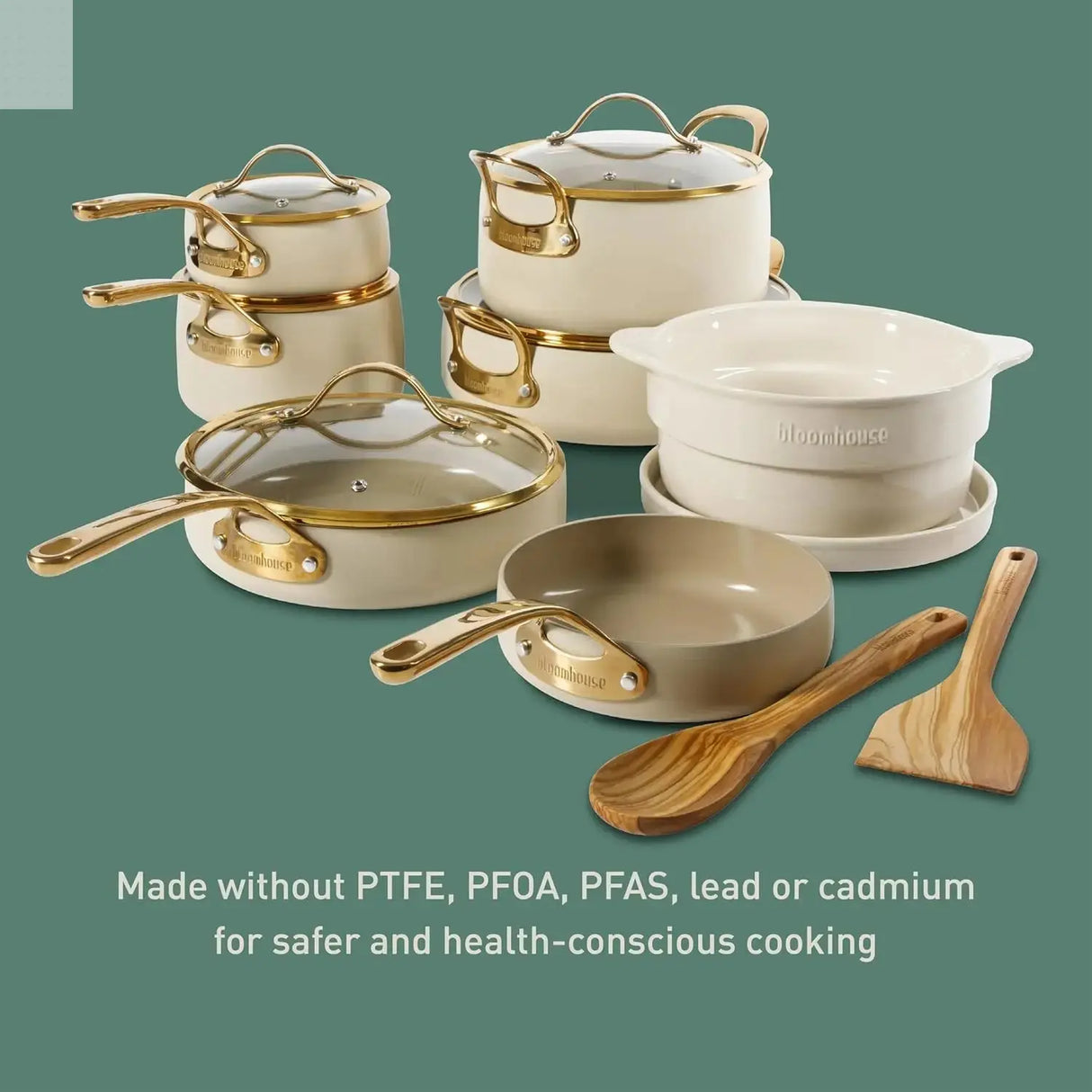 15 Piece Pots and Pans Heavy Duty Aluminum Premium PFA Free Ceramic Nonstick Dutch Oven Pot with Lid - Almond Cream w/Gold Handl Allen Cozy Haven Store