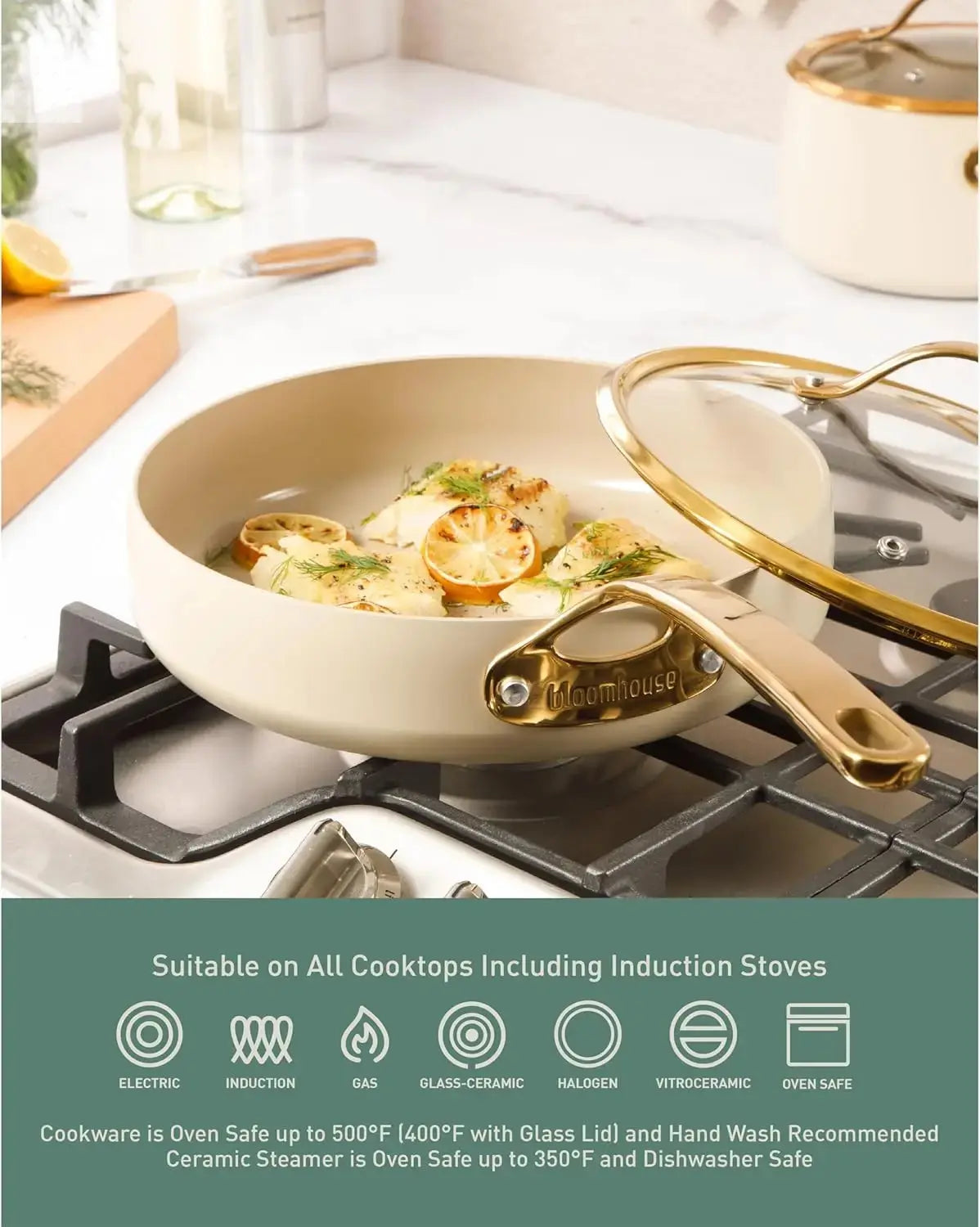 15 Piece Pots and Pans Heavy Duty Aluminum Premium PFA Free Ceramic Nonstick Dutch Oven Pot with Lid - Almond Cream w/Gold Handl Allen Cozy Haven Store