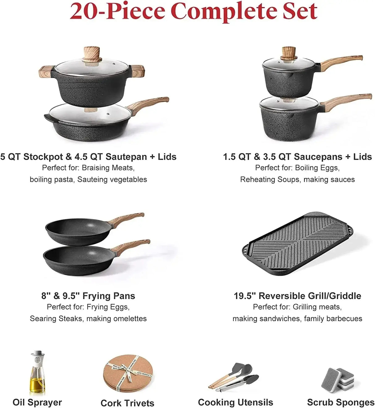 20-Piece Nonstick Granite Cookware Set of Pots and Pans for Kitchen Cooking-Allen Cozy Haven Store