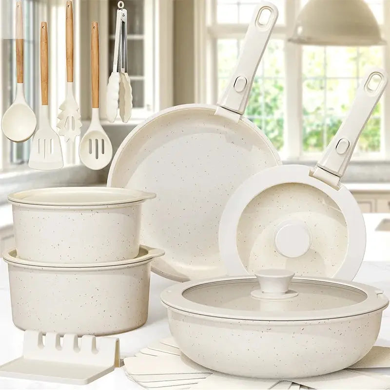21 Piece Pots and Pans Set Non-Stick, Astercook Ceramic Cookware Set with Sensor Handles, Milky white Allen Cozy Haven Store