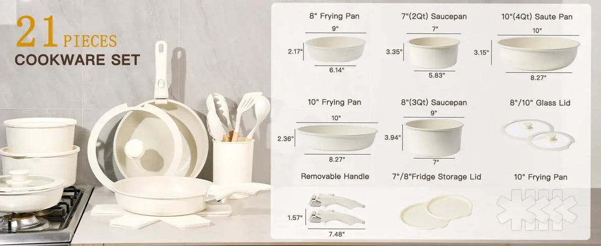 21 Piece Pots and Pans Set Non-Stick, Astercook Ceramic Cookware Set with Sensor Handles, Milky white Allen Cozy Haven Store