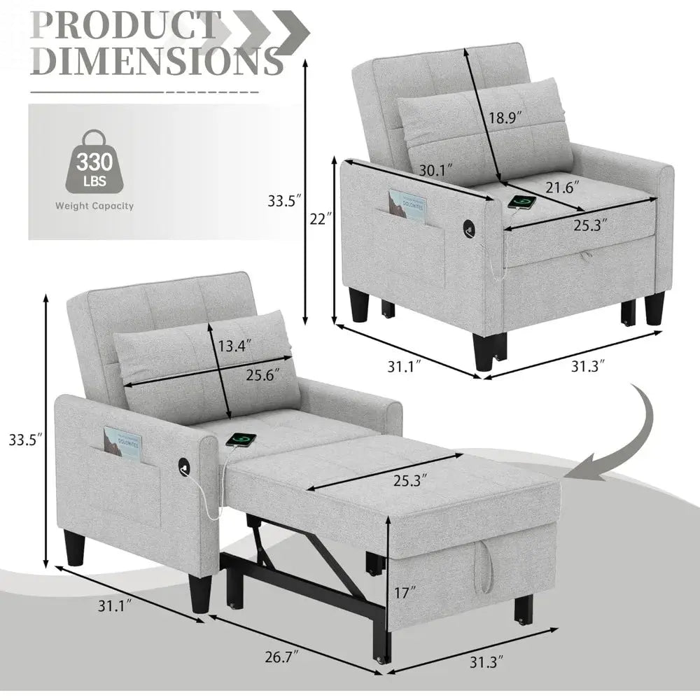 "3-in-1 Sleeper Chair - Convertible Futon with USB Ports & Side Pockets, Adjustable Recliner for Small Spaces & Bedrooms" Allen Cozy Haven Store