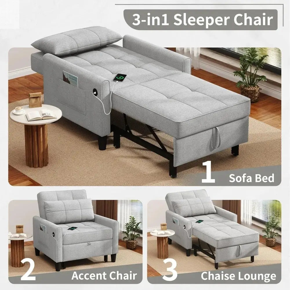 "3-in-1 Sleeper Chair - Convertible Futon with USB Ports & Side Pockets, Adjustable Recliner for Small Spaces & Bedrooms" Allen Cozy Haven Store