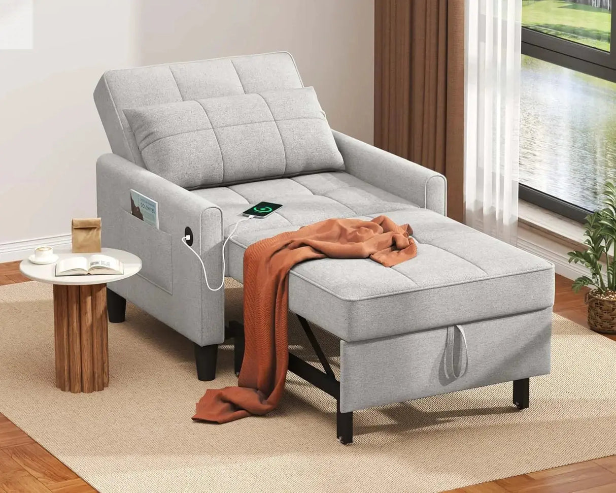 "3-in-1 Sleeper Chair - Convertible Futon with USB Ports & Side Pockets, Adjustable Recliner for Small Spaces & Bedrooms" Allen Cozy Haven Store