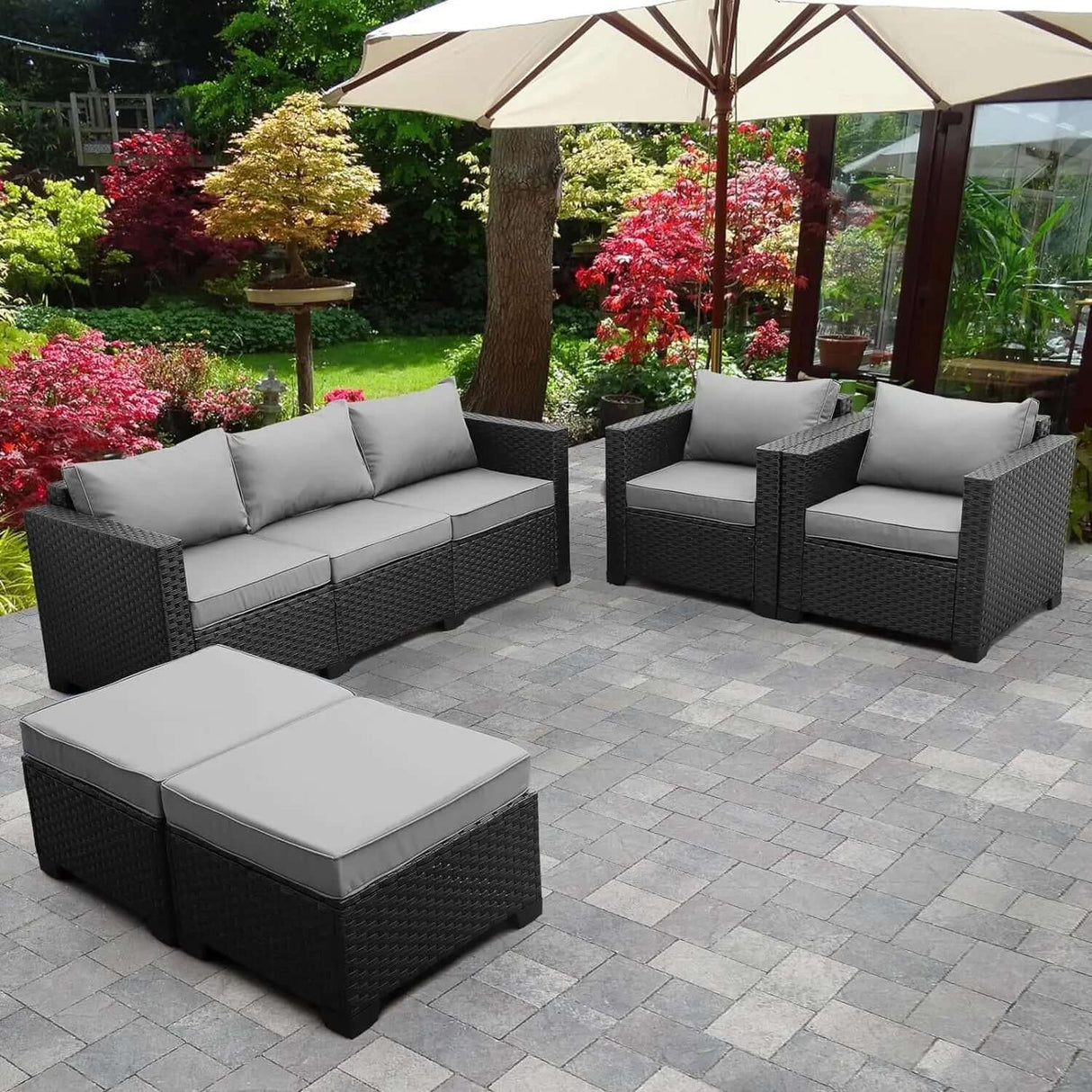 5-Piece Outdoor Wicker Sofa Set with Grey Non-Slip Cushions and Waterproof Covers-Allen Cozy Haven Store
