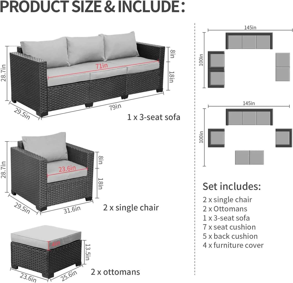 5-Piece Outdoor Wicker Sofa Set with Grey Non-Slip Cushions and Waterproof Covers-Allen Cozy Haven Store