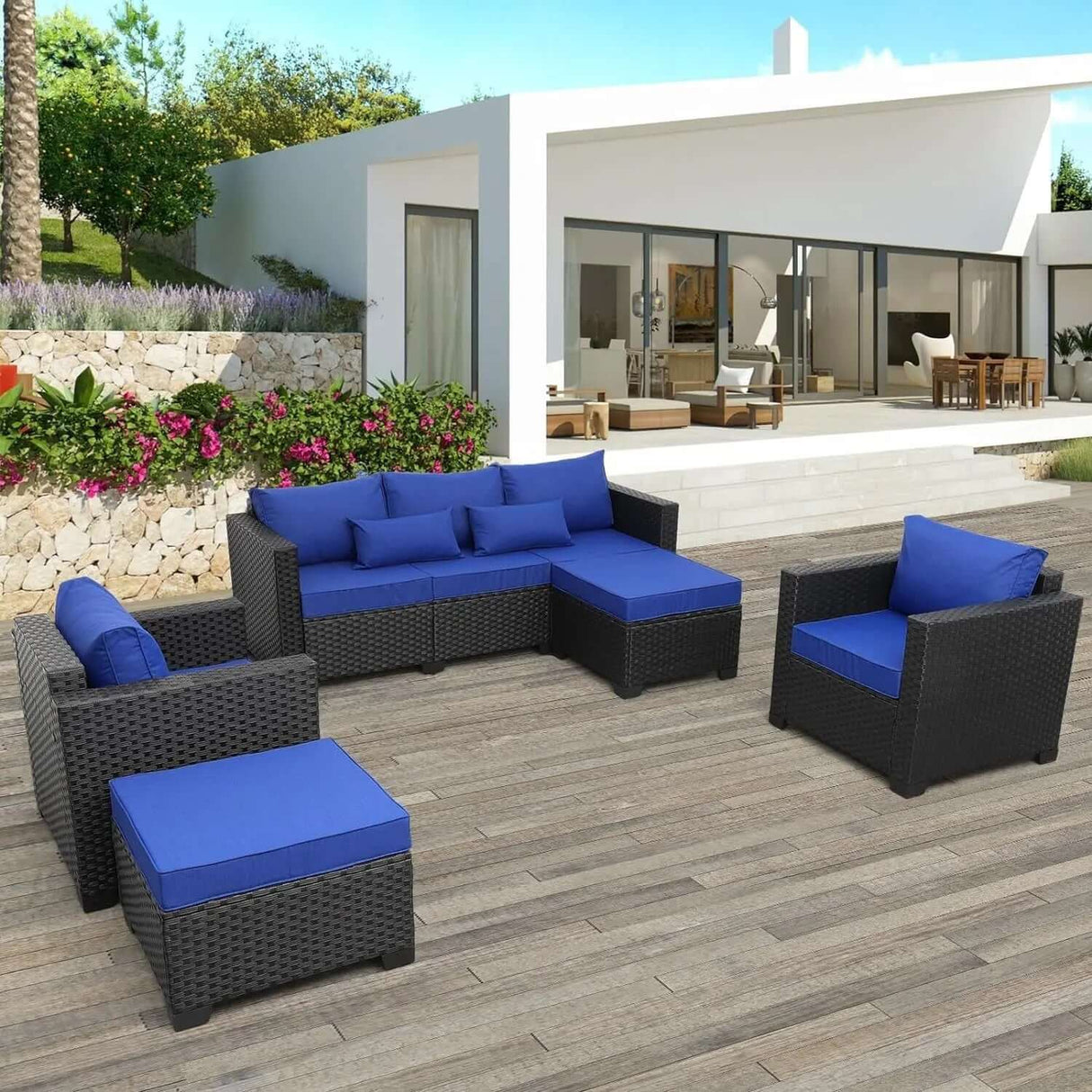 5-Piece Outdoor Wicker Sofa Set with Grey Non-Slip Cushions and Waterproof Covers-Allen Cozy Haven Store