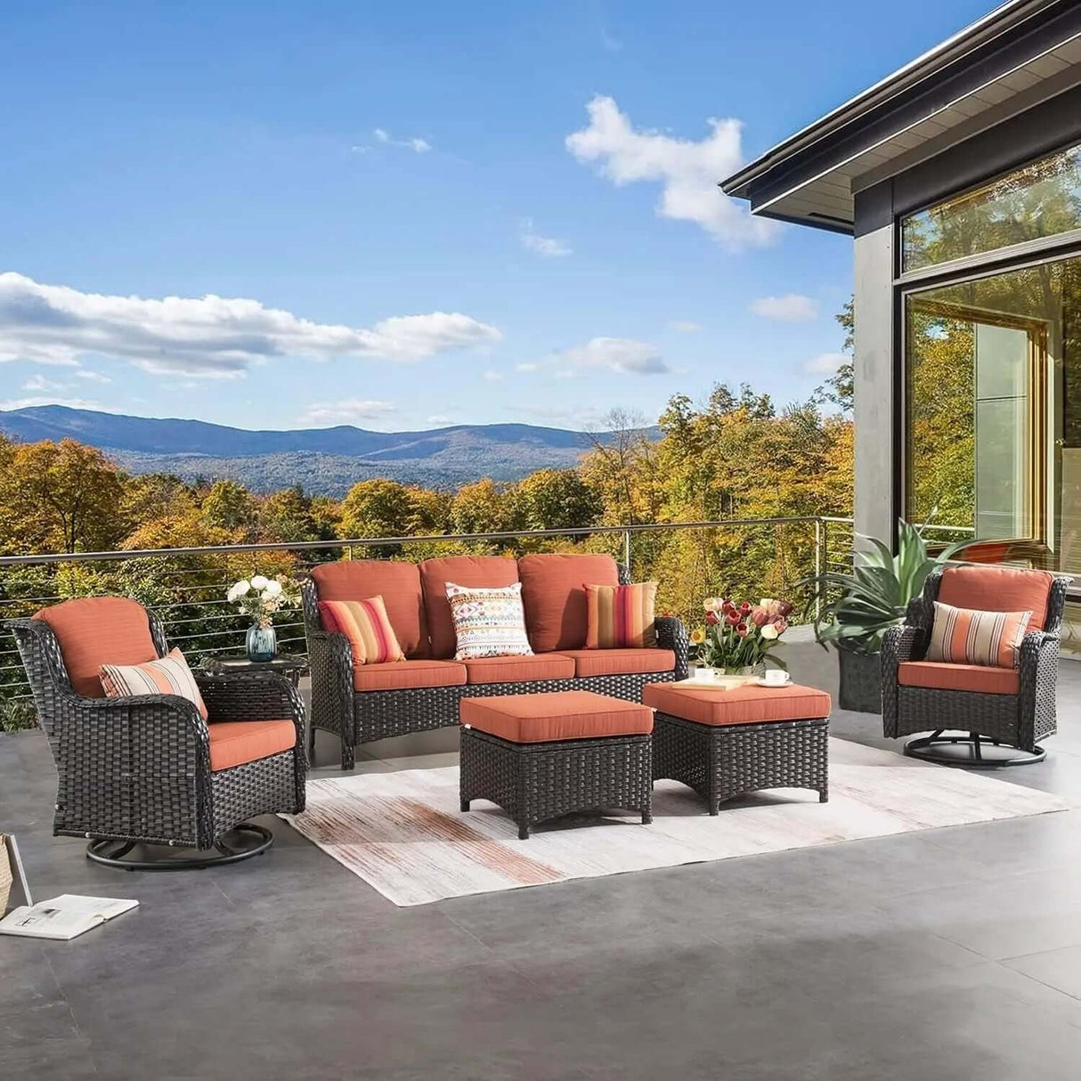 6-Piece All-Weather Wicker Patio Furniture Set with Swivel Rocking Chairs and High Back Sofa-Allen Cozy Haven Store