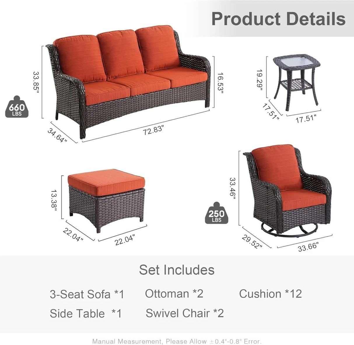 6-Piece All-Weather Wicker Patio Furniture Set with Swivel Rocking Chairs and High Back Sofa-Allen Cozy Haven Store