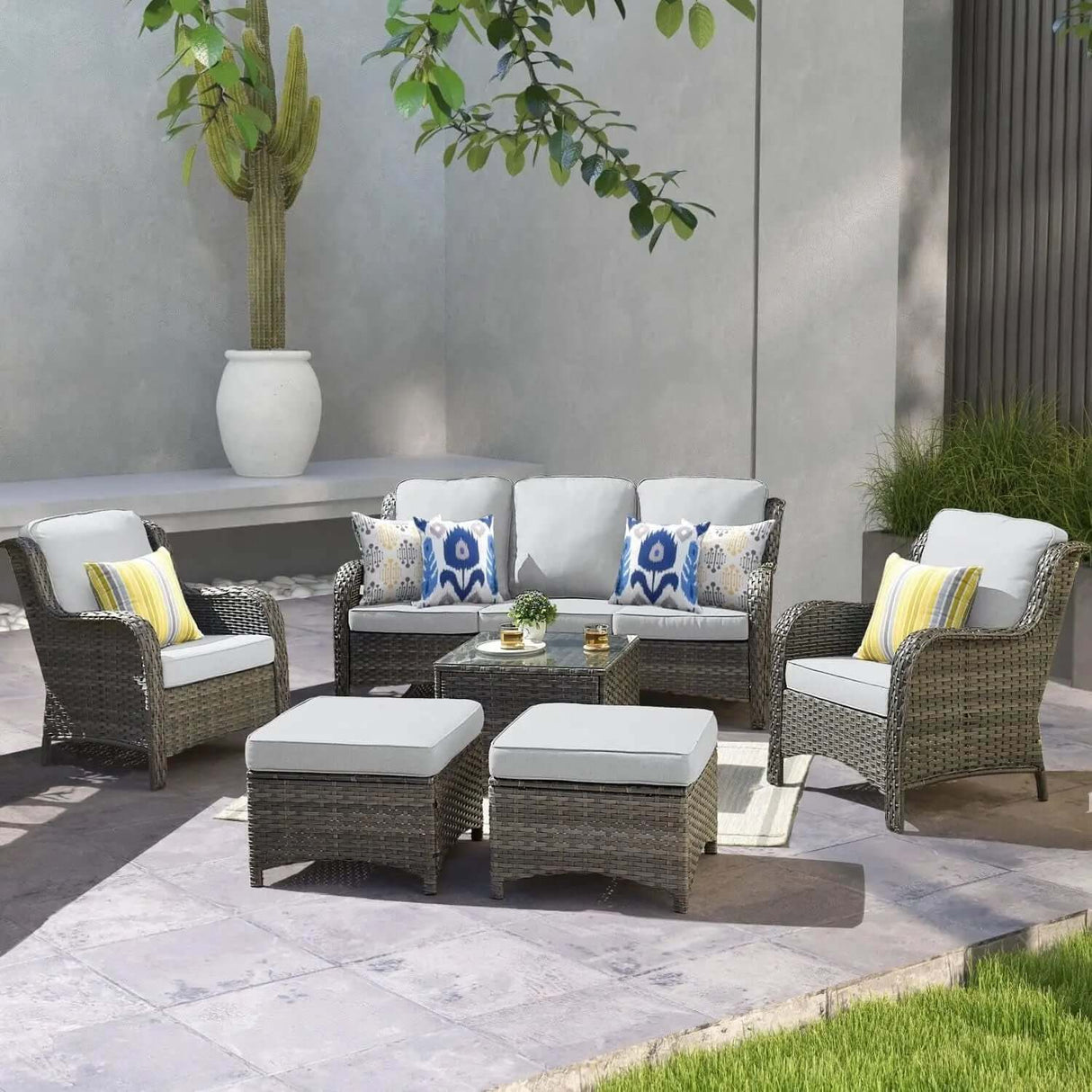 6-Piece All-Weather Wicker Patio Furniture Set with Swivel Rocking Chairs and High Back Sofa-Allen Cozy Haven Store