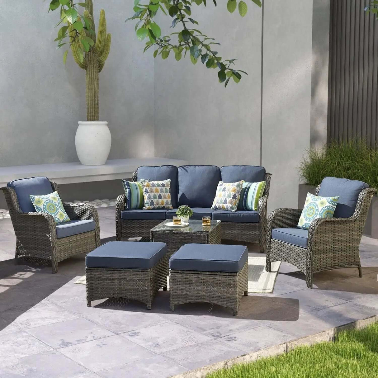 6-Piece All-Weather Wicker Patio Furniture Set with Swivel Rocking Chairs and High Back Sofa-Allen Cozy Haven Store