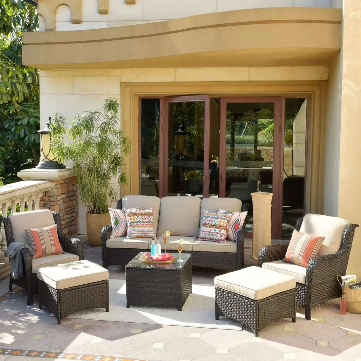 6-Piece All-Weather Wicker Patio Furniture Set with Swivel Rocking Chairs and High Back Sofa-Allen Cozy Haven Store