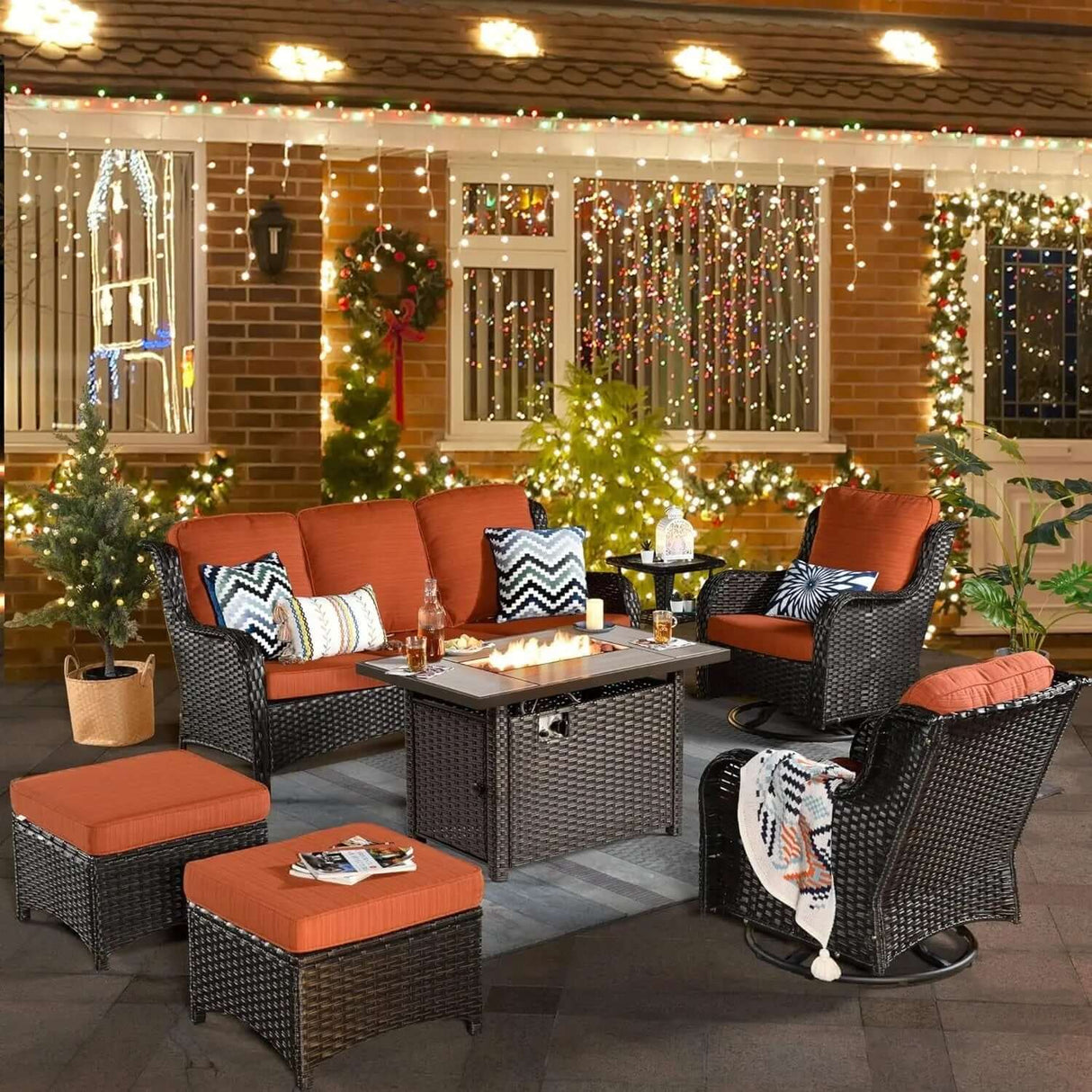 6-Piece All-Weather Wicker Patio Furniture Set with Swivel Rocking Chairs and High Back Sofa-Allen Cozy Haven Store