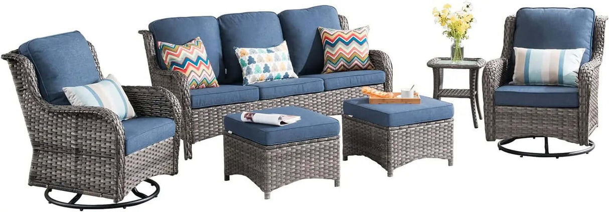 6-Piece All-Weather Wicker Patio Furniture Set with Swivel Rocking Chairs and High Back Sofa-Allen Cozy Haven Store