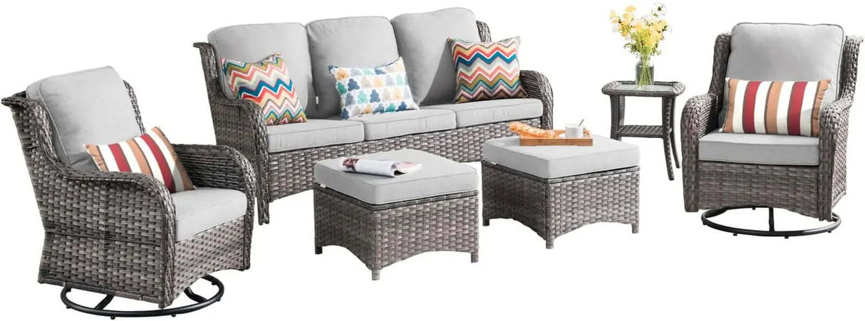 6-Piece All-Weather Wicker Patio Furniture Set with Swivel Rocking Chairs and High Back Sofa-Allen Cozy Haven Store