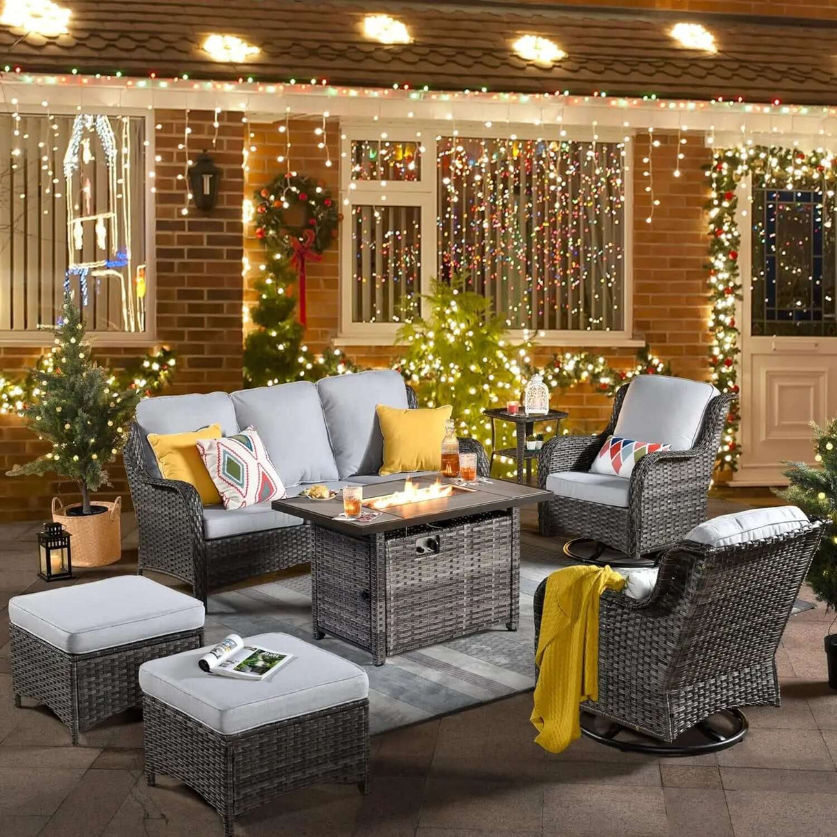 6-Piece All-Weather Wicker Patio Furniture Set with Swivel Rocking Chairs and High Back Sofa-Allen Cozy Haven Store