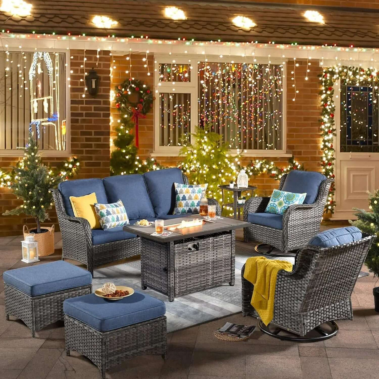 6-Piece All-Weather Wicker Patio Furniture Set with Swivel Rocking Chairs and High Back Sofa-Allen Cozy Haven Store