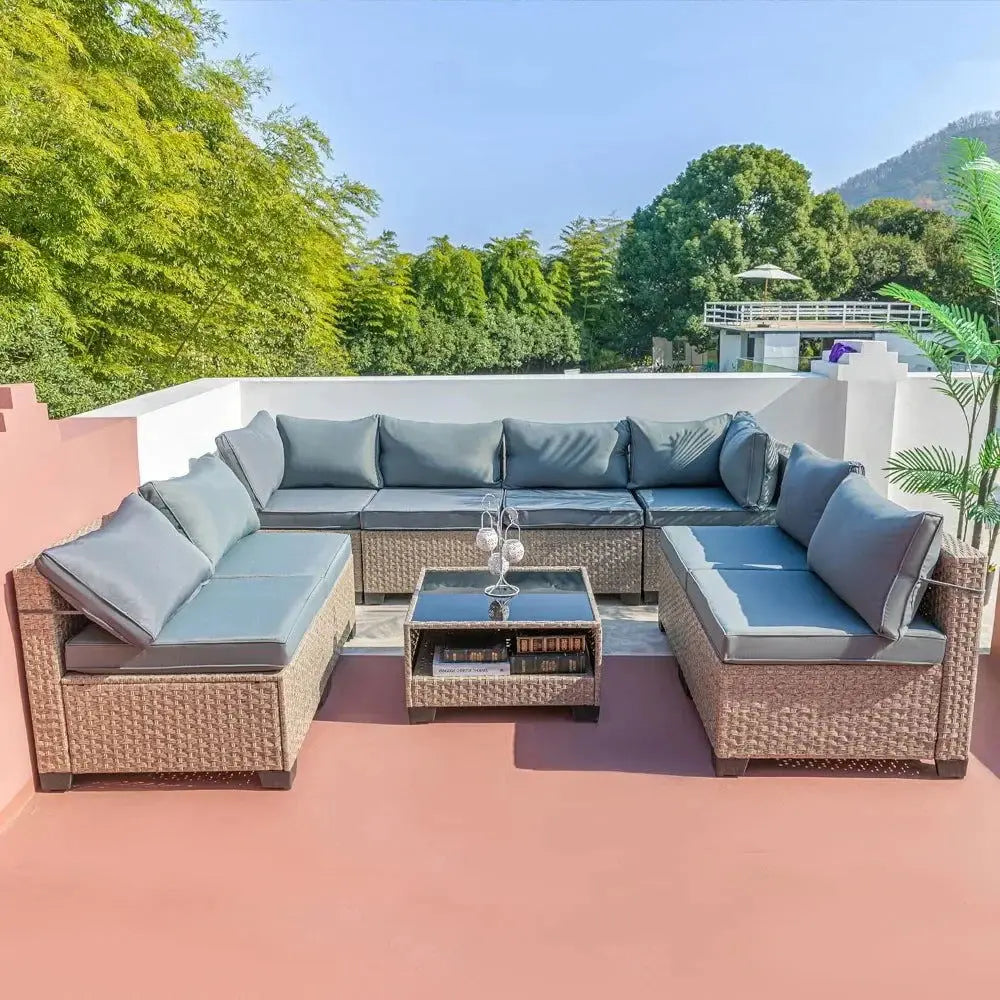 9-Piece All-Weather Patio Furniture Set with Cushions and Storage Table for Outdoor Comfort-Allen Cozy Haven Store