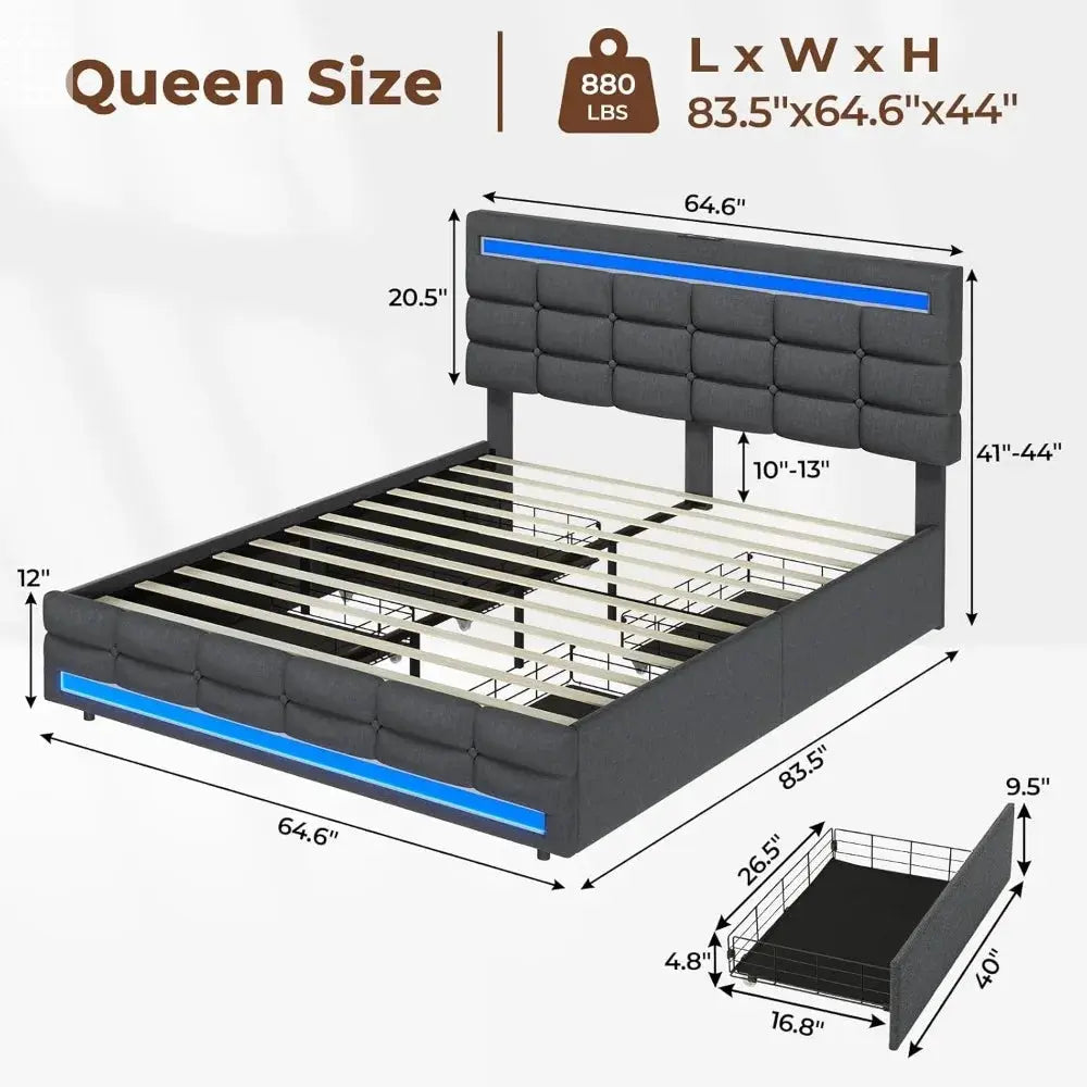 ADORNEVE Queen LED Bed Frame with 4 Drawers and 2 USB Charging Station, Upholstered Platform Queen Size Bed Frame with LED Light Allen Cozy Haven Store