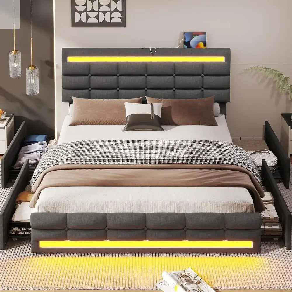 ADORNEVE Queen LED Bed Frame with 4 Drawers and 2 USB Charging Station, Upholstered Platform Queen Size Bed Frame with LED Light Allen Cozy Haven Store