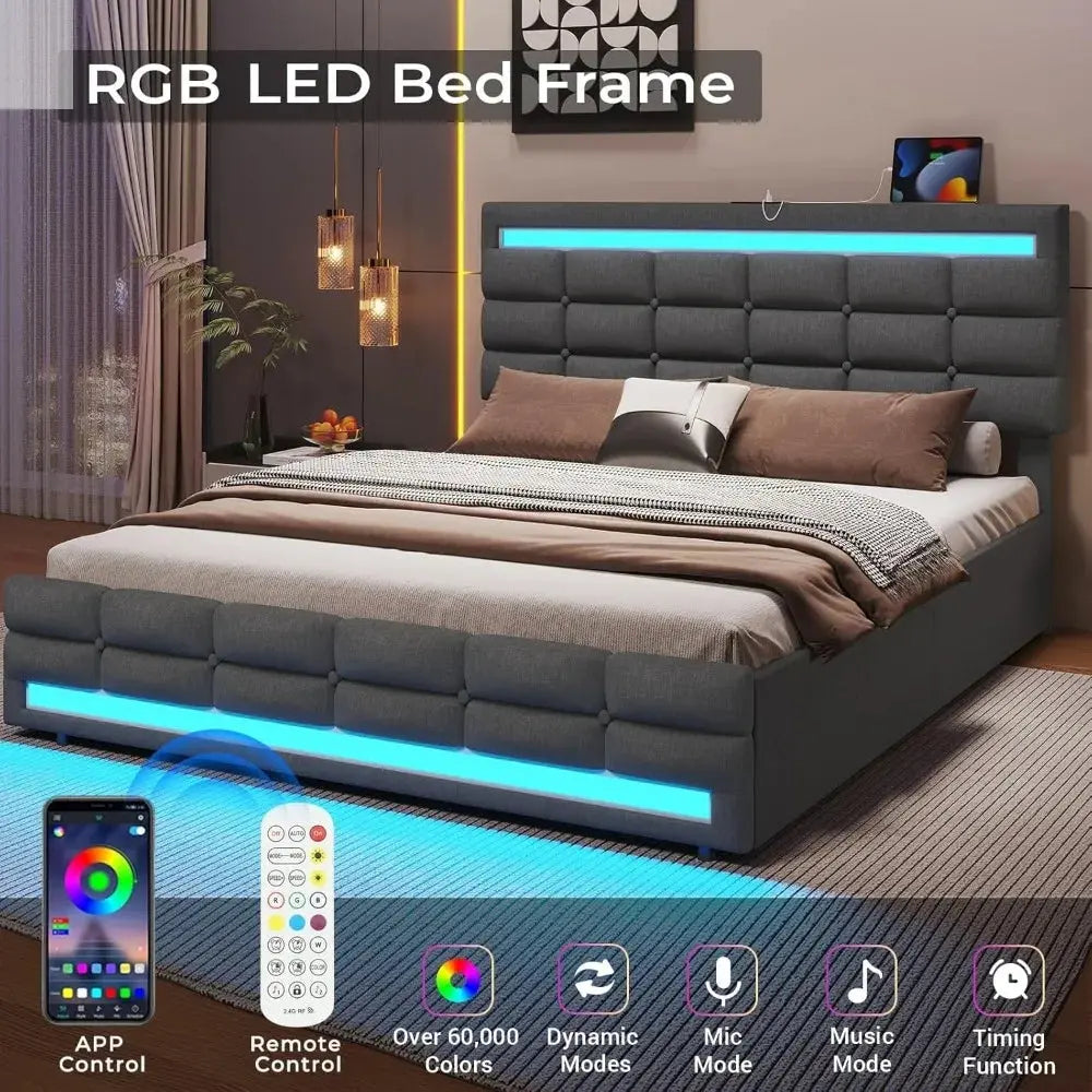 ADORNEVE Queen LED Bed Frame with 4 Drawers and 2 USB Charging Station, Upholstered Platform Queen Size Bed Frame with LED Light Allen Cozy Haven Store