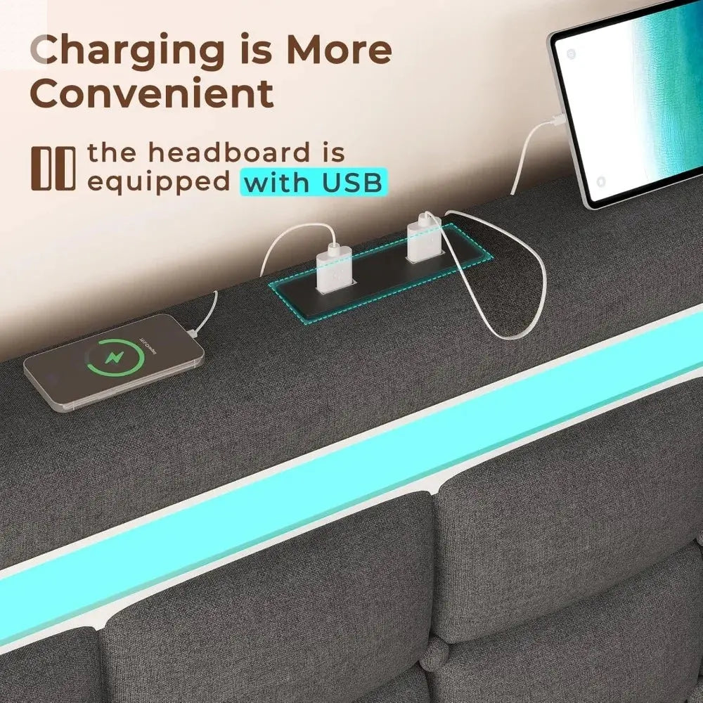 ADORNEVE Queen LED Bed Frame with 4 Drawers and 2 USB Charging Station, Upholstered Platform Queen Size Bed Frame with LED Light Allen Cozy Haven Store
