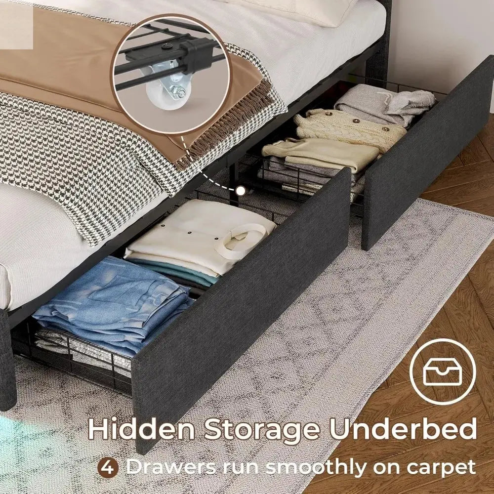 ADORNEVE Queen LED Bed Frame with 4 Drawers and 2 USB Charging Station, Upholstered Platform Queen Size Bed Frame with LED Light Allen Cozy Haven Store