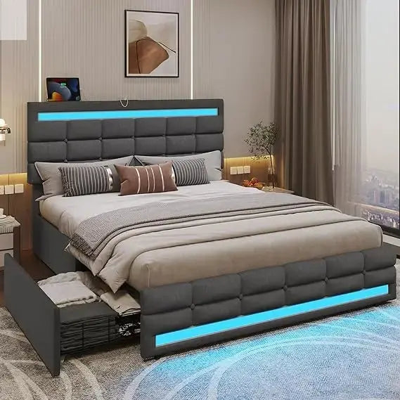 ADORNEVE Queen LED Bed Frame with 4 Drawers and 2 USB Charging Station, Upholstered Platform Queen Size Bed Frame with LED Light Allen Cozy Haven Store