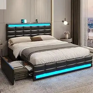 ADORNEVE Queen LED Bed Frame with 4 Drawers and 2 USB Charging Station, Upholstered Platform Queen Size Bed Frame with LED Light Allen Cozy Haven Store
