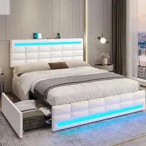 ADORNEVE Queen LED Bed Frame with 4 Drawers and 2 USB Charging Station, Upholstered Platform Queen Size Bed Frame with LED Light Allen Cozy Haven Store