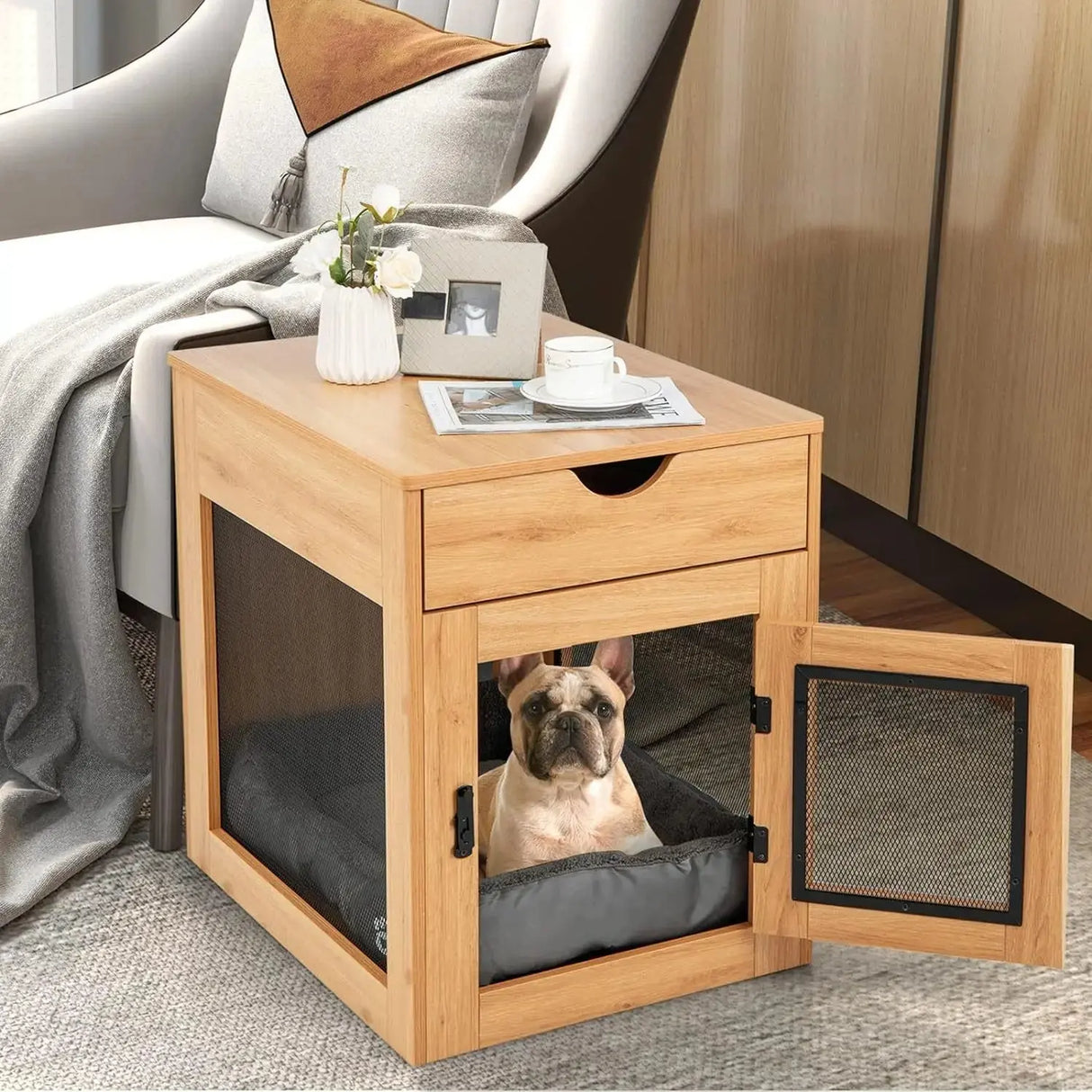 All-in-One Dog Crate Storage Coffee Table Wood for Living Room Bedroom Sofa Bedside Corner Several Small Square Sub-Pet Cabinets Allen Cozy Haven Store