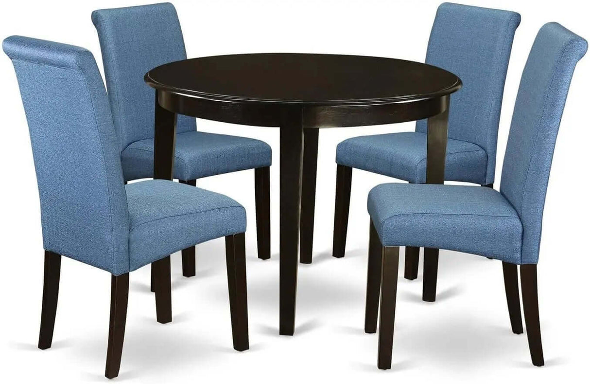 Boston 5-Piece Kitchen Set: 42" Round Dining Table with Four Blue Linen Parsons Chairs in Cappuccino Finish-Allen Cozy Haven Store