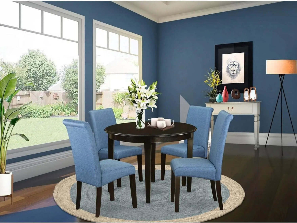 Boston 5-Piece Kitchen Set: 42" Round Dining Table with Four Blue Linen Parsons Chairs in Cappuccino Finish-Allen Cozy Haven Store