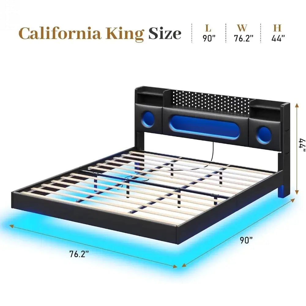 California King Bed Frames,Cal King Bed with Hidden Storage Headboard & LED Light and Charging Station,Floating Bed Frame No Box Allen Cozy Haven Store