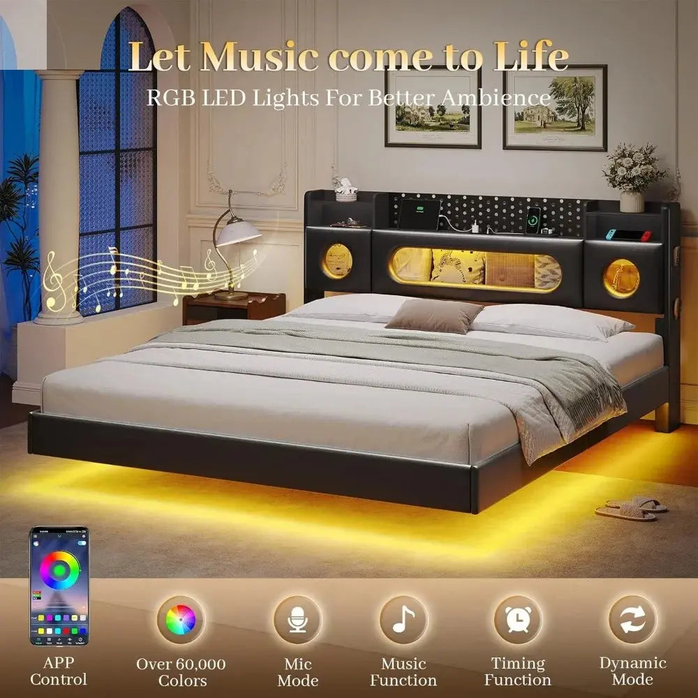 California King Bed Frames,Cal King Bed with Hidden Storage Headboard & LED Light and Charging Station,Floating Bed Frame No Box Allen Cozy Haven Store