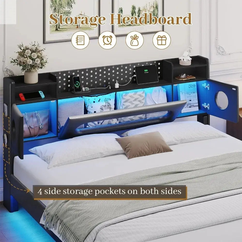 California King Bed Frames,Cal King Bed with Hidden Storage Headboard & LED Light and Charging Station,Floating Bed Frame No Box Allen Cozy Haven Store