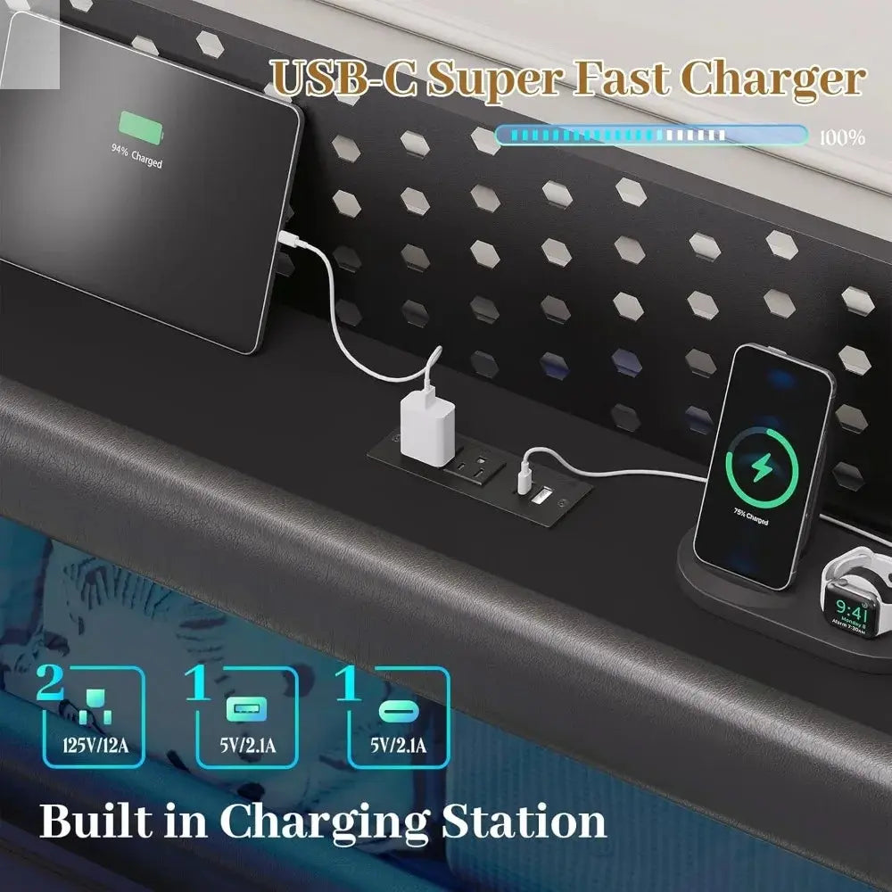 California King Bed Frames,Cal King Bed with Hidden Storage Headboard & LED Light and Charging Station,Floating Bed Frame No Box Allen Cozy Haven Store