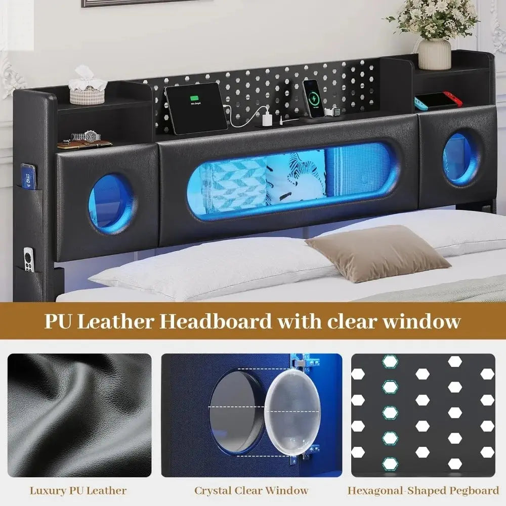 California King Bed Frames,Cal King Bed with Hidden Storage Headboard & LED Light and Charging Station,Floating Bed Frame No Box Allen Cozy Haven Store