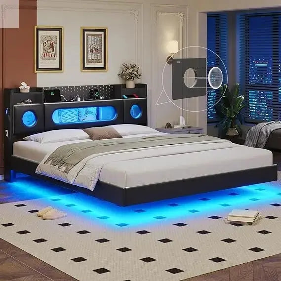 California King Bed Frames,Cal King Bed with Hidden Storage Headboard & LED Light and Charging Station,Floating Bed Frame No Box Allen Cozy Haven Store