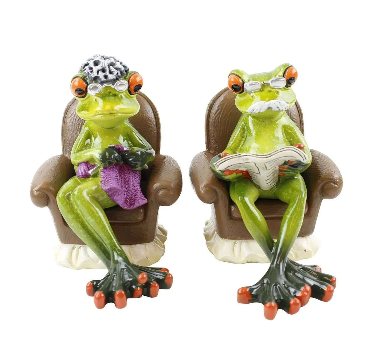 Charming Frog Figurine Featuring Grandma Knitting and Grandpa Reading on a Sofa-Allen Cozy Haven Store