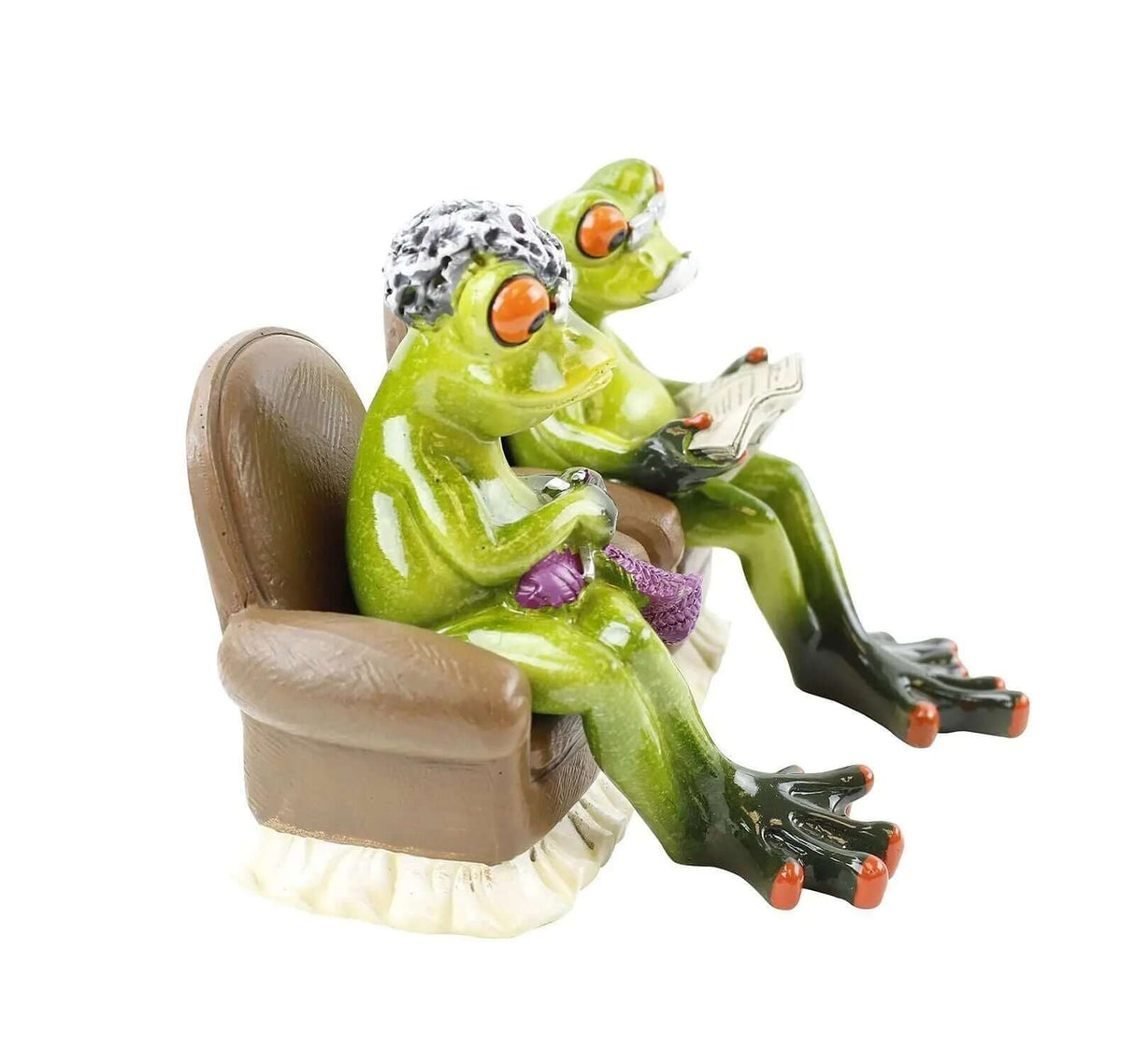Charming Frog Figurine Featuring Grandma Knitting and Grandpa Reading on a Sofa-Allen Cozy Haven Store