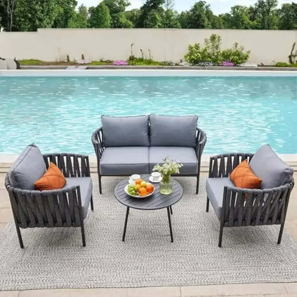 Contemporary 4-Piece Metal Patio Furniture Set with Detachable Cushions and Conversation Table-Allen Cozy Haven Store