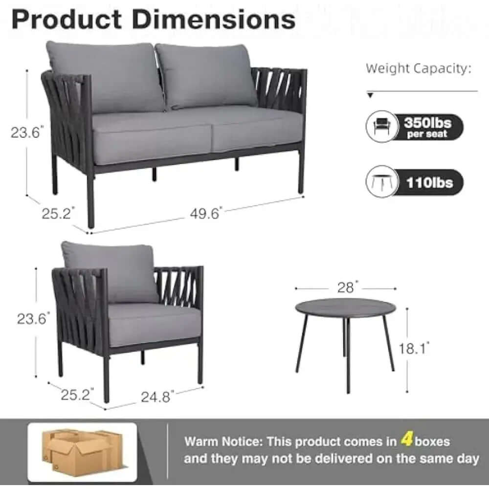 Contemporary 4-Piece Metal Patio Furniture Set with Detachable Cushions and Conversation Table-Allen Cozy Haven Store
