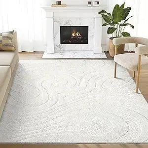 Cozy Cream Area Rug For Living Room, Bedroom - Swirl Waves Pattern - 6' X 9' - Durable & Easy To Clean Allen Cozy Haven Store