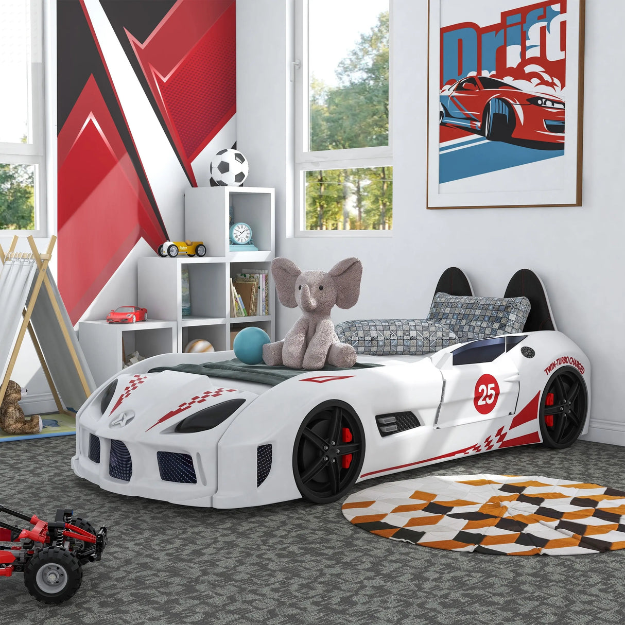 Dash Twin Race Car Bed for Kids with LED Lights and Sound, White Allen Cozy Haven Store