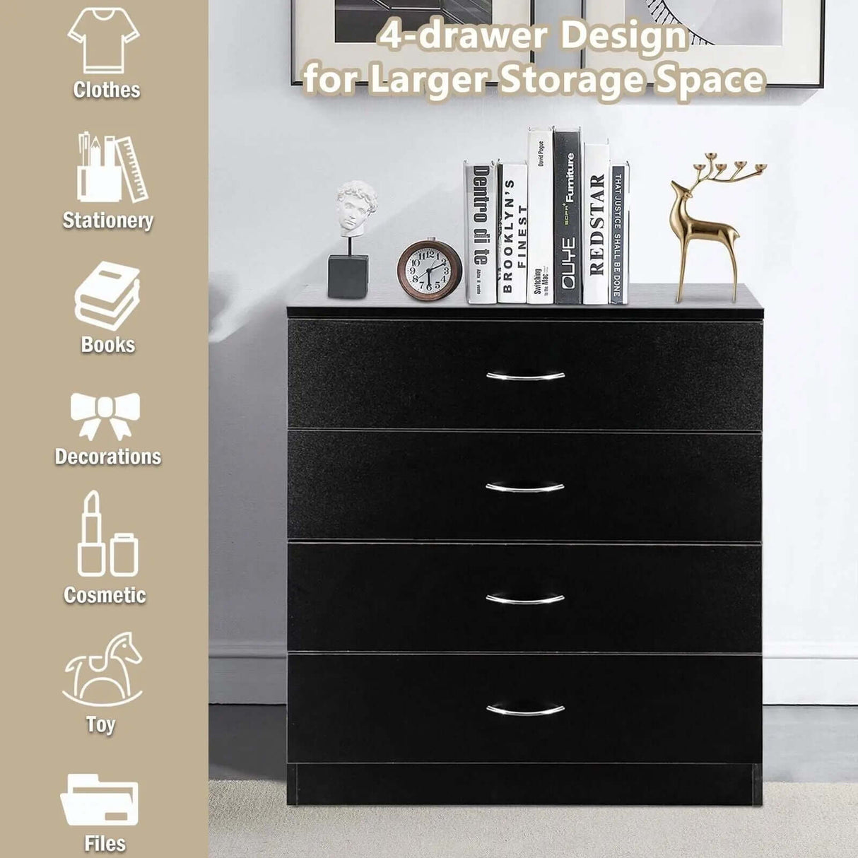 Elegant Black 4-Drawer Chest Dresser for Bedroom Storage-Allen Cozy Haven Store