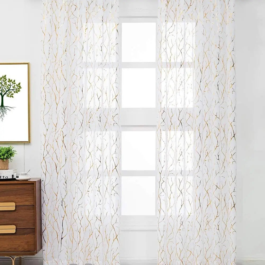 Elegant Tree Branch Sheer Curtains for Bedroom - Metallic Gold and White Grommet Window Treatment Set, 63 Inch Length, 2 Panels (52 x 63 Inch)-Allen Cozy Haven Store