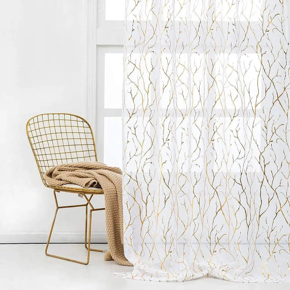 Elegant Tree Branch Sheer Curtains for Bedroom - Metallic Gold and White Grommet Window Treatment Set, 63 Inch Length, 2 Panels (52 x 63 Inch)-Allen Cozy Haven Store
